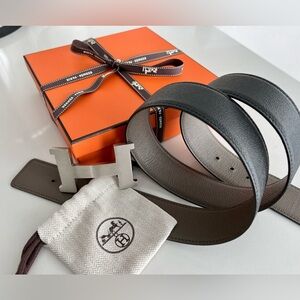 Hermes 42mm Reversible Etain/Black Belt Kit Silver H Constance Buckle 90cm